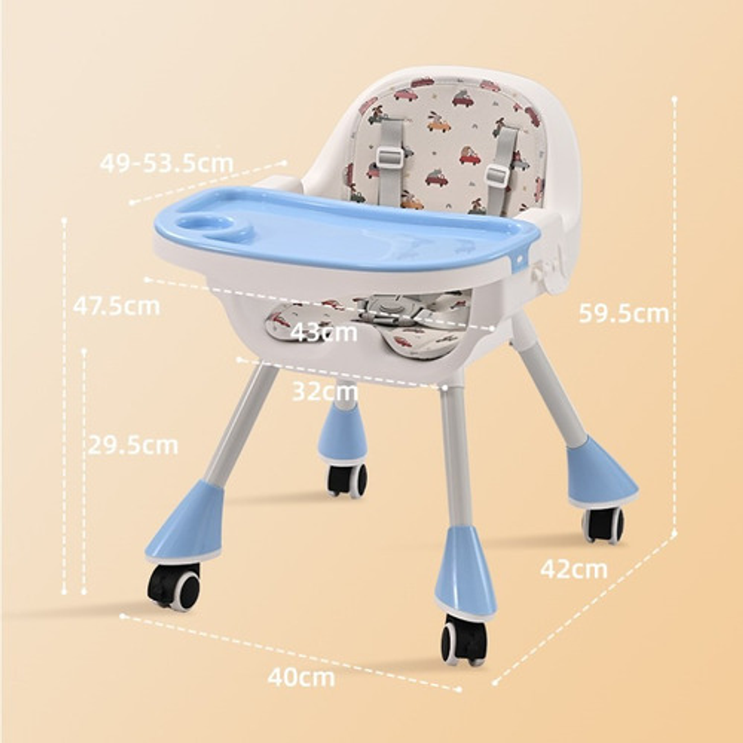 Silla De Comer Con Cinturón Y Ruedas Para Niños, 2 En 1 Color Celeste Moderno 8