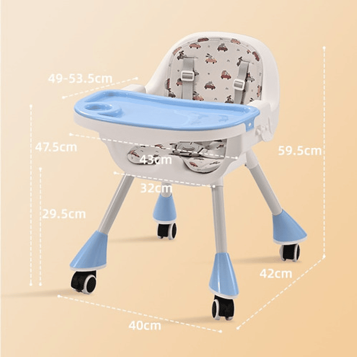 Silla De Comer Con Cinturón Y Ruedas Para Niños, 2 En 1 Color Celeste Moderno 8