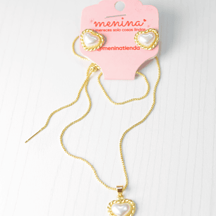 CADENA Y ARETES CORAZON PERLA
