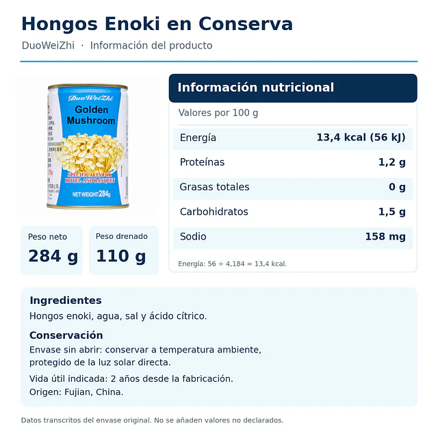 Hongos Enoki Dorados en Conserva DuoWeiZhi 284 g