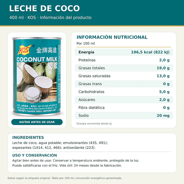 Crema y Leche de Coco Tradicional 400ml