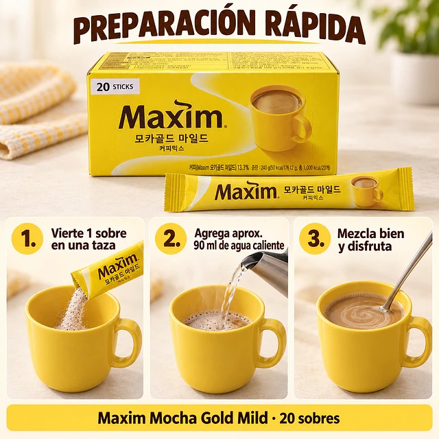 Café Instantáneo Coreano 3 en 1 "Maxim Mocha Gold Mild" 20 Sticks