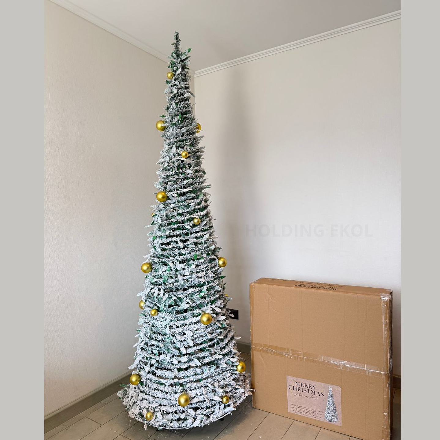 🎄 Árbol De Pascua Ekol Premium 2.10 M | Pino De Navidad Nevado Plegable Con Adornos Dorados ✨ 7