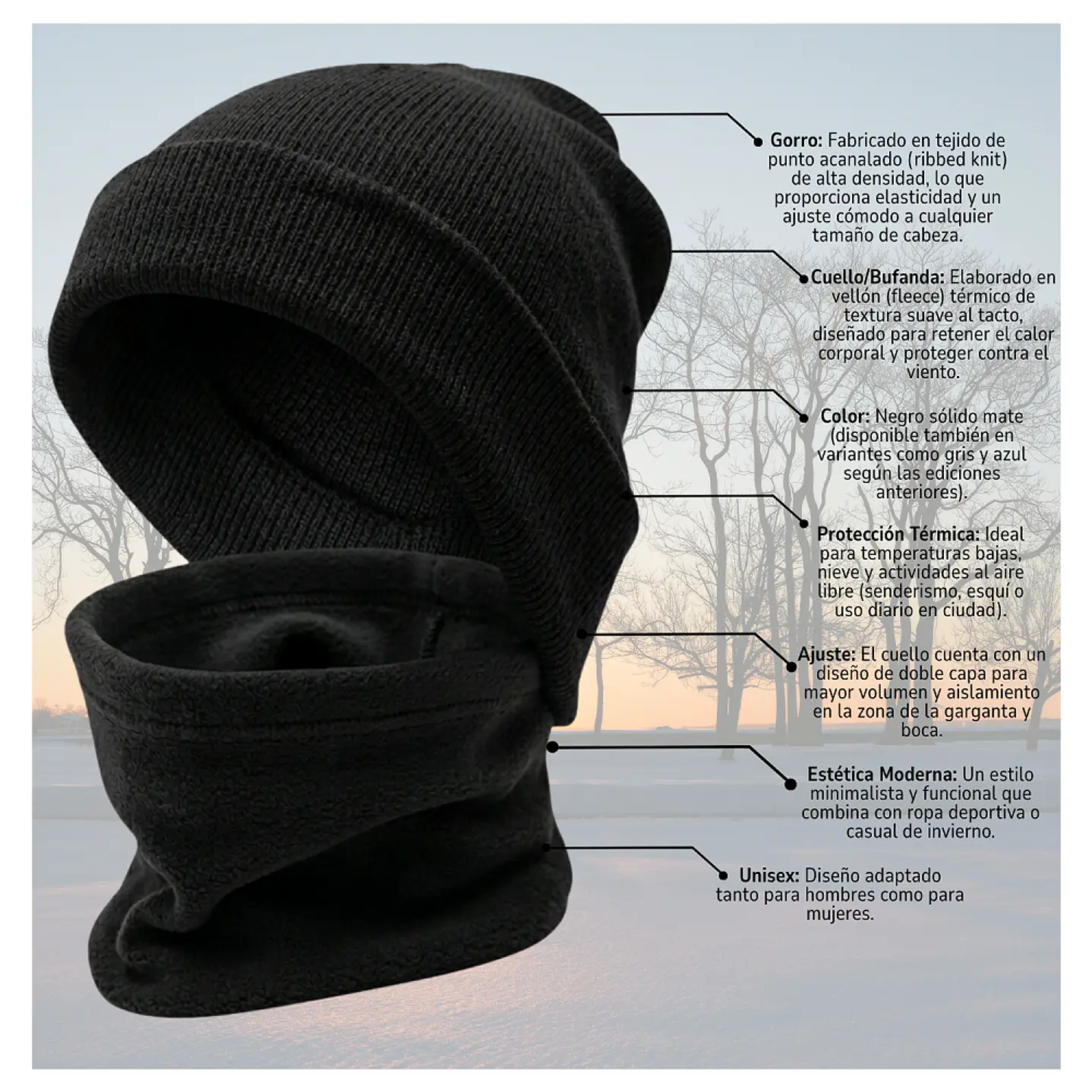 Conjunto Térmico Invierno Gorro Polar Unisex + Cuello 9