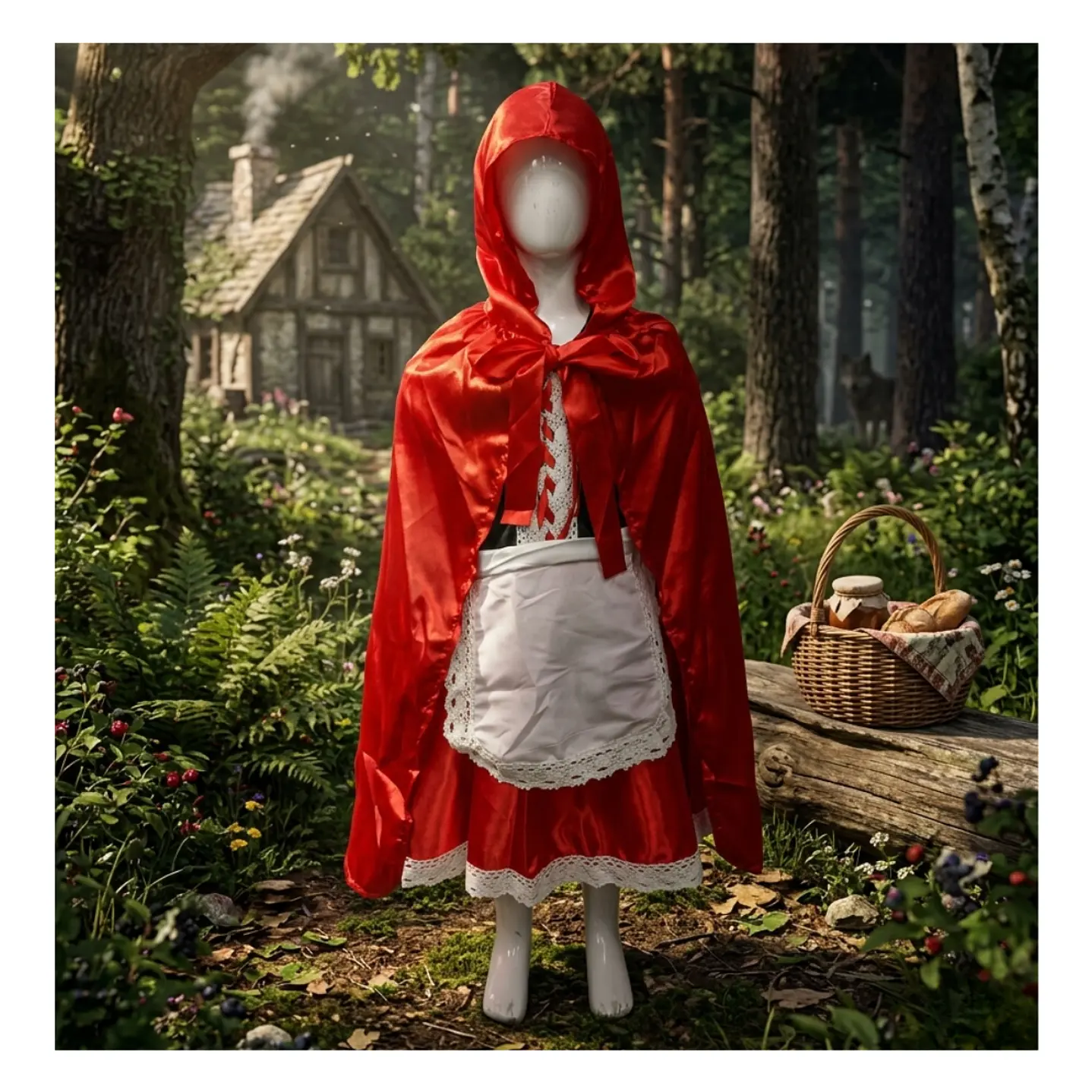 Traje De Caperucita Roja Con Encaje Y Capa Roja Brillante 5