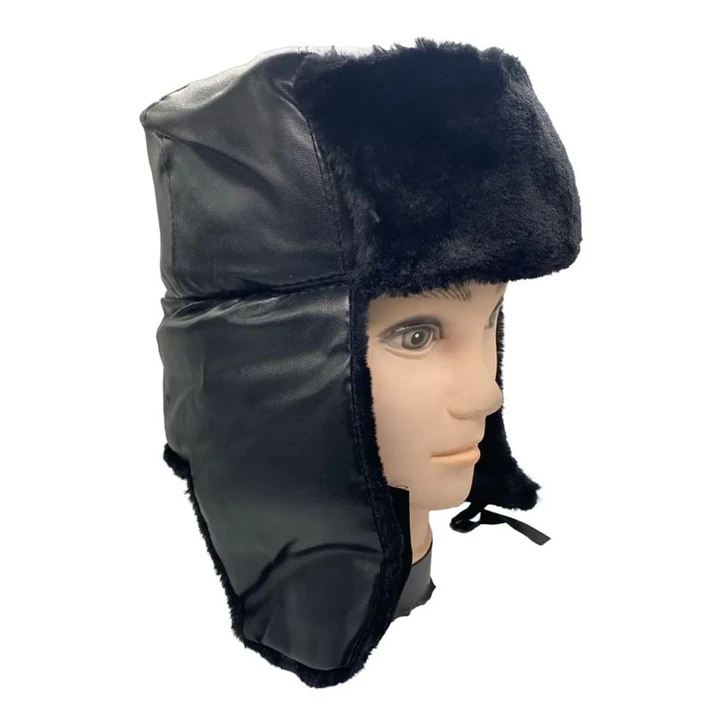 Gorro de Invierno Tipo Ushanka Ruso en Cuero Negro y Piel Sintética 5