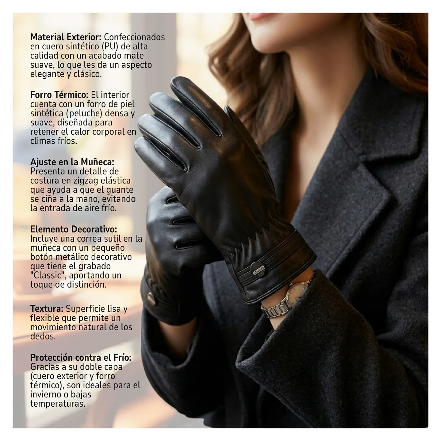 Guantes de Invierno para Mujer en Cuero Sintético Mate con Forro Térmico y Ajuste Elástico 5