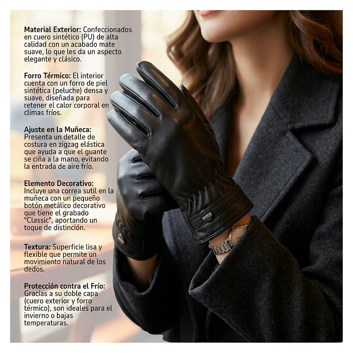 Guantes de Invierno para Mujer en Cuero Sintético Mate con Forro Térmico y Ajuste Elástico 5