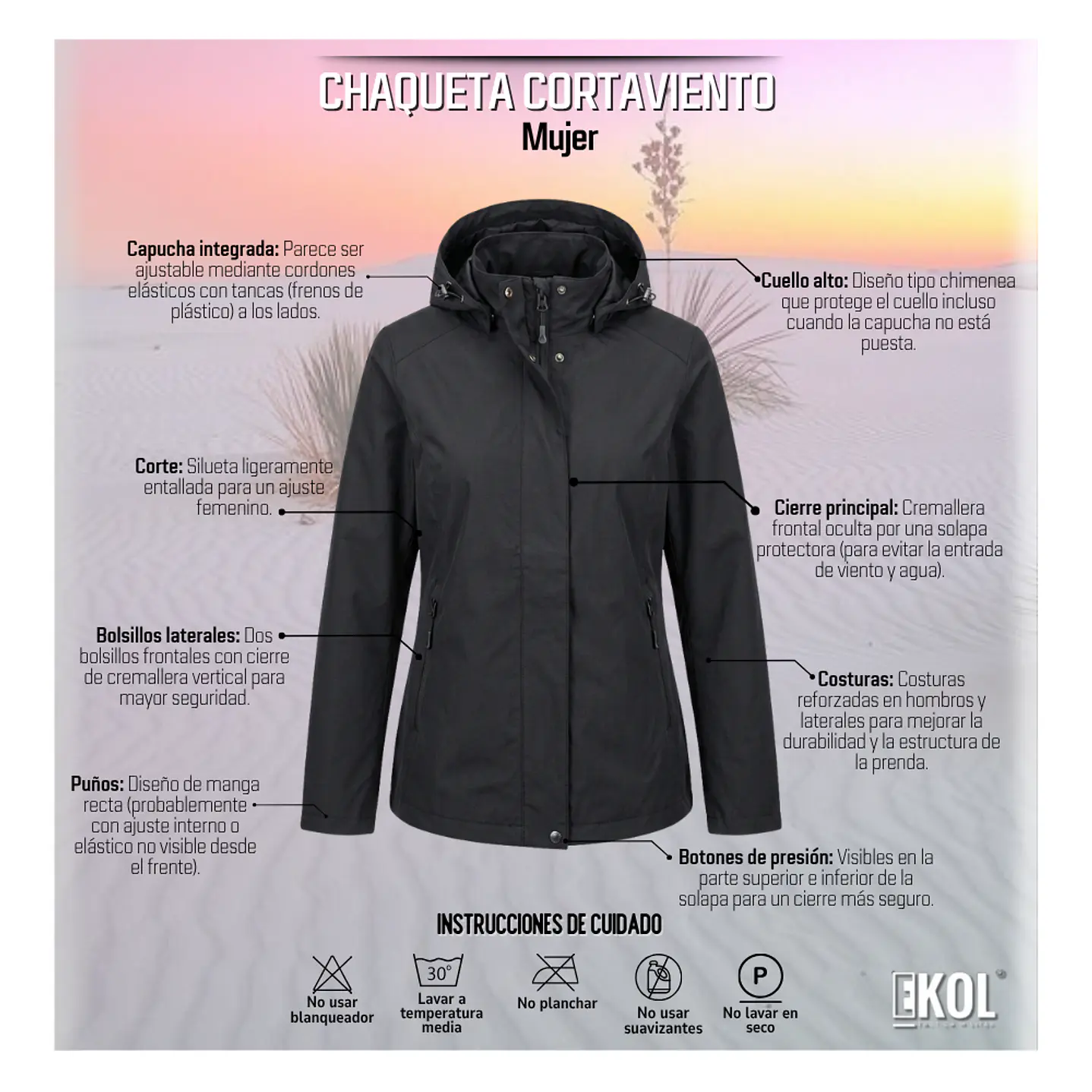 Chaqueta Cortaviento Mujer con Capucha Ajustable y Cuello Alto 6