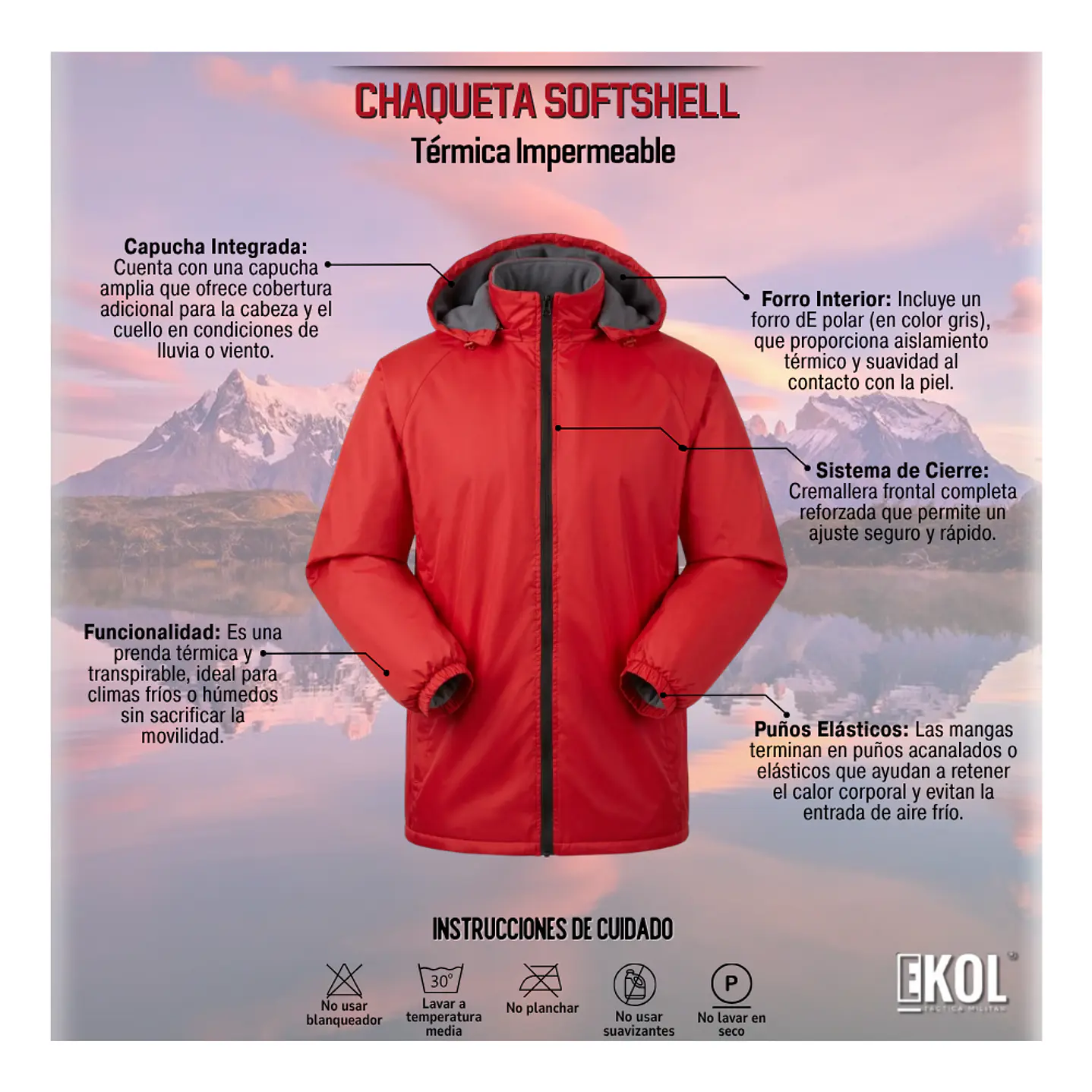 Chaqueta Softshell Con Forro De Polar Impermeable Roja Cuello Desmontable 5