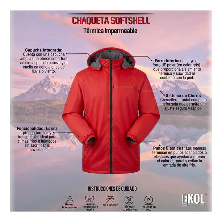 Chaqueta Softshell Con Forro De Polar Impermeable Roja Cuello Desmontable 5
