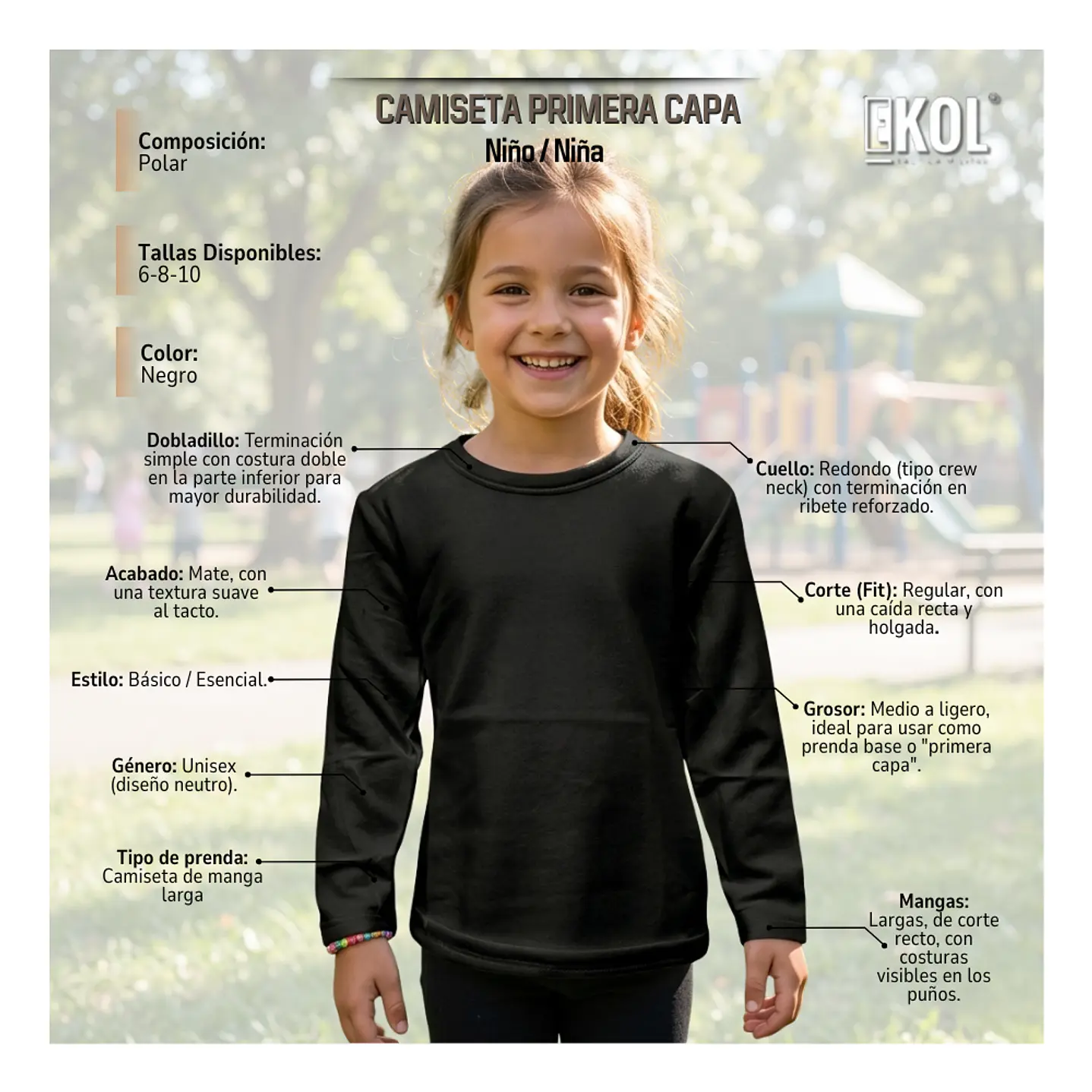 Camiseta Manga Larga Primera Capa Niños Polar Cuello Redondo 4