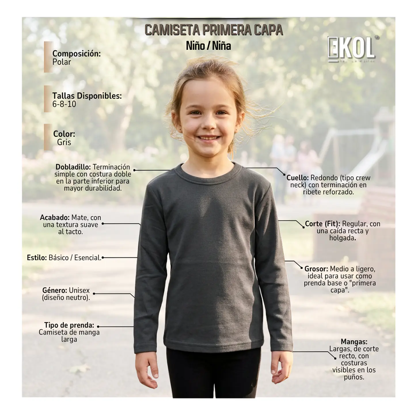 Camiseta Manga Larga Primera Capa Niños Polar Cuello Redondo 9