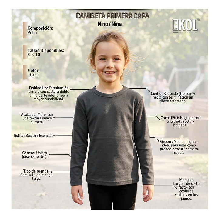 Camiseta Manga Larga Primera Capa Niños Polar Cuello Redondo 9