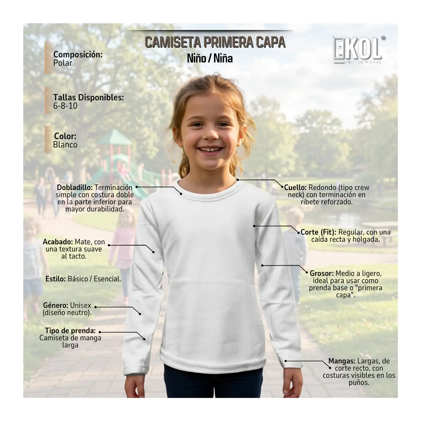 Camiseta Manga Larga Primera Capa Niños Polar Cuello Redondo 15