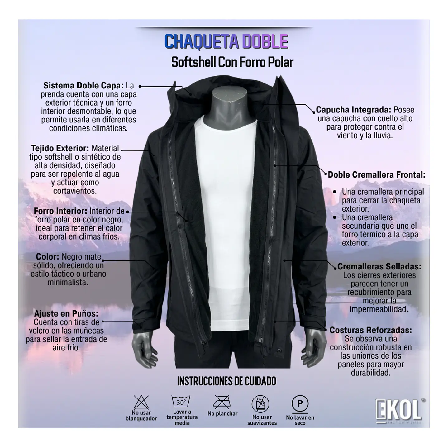 Chaqueta Doble Softshell Con Forro Polar Negra Térmica 7