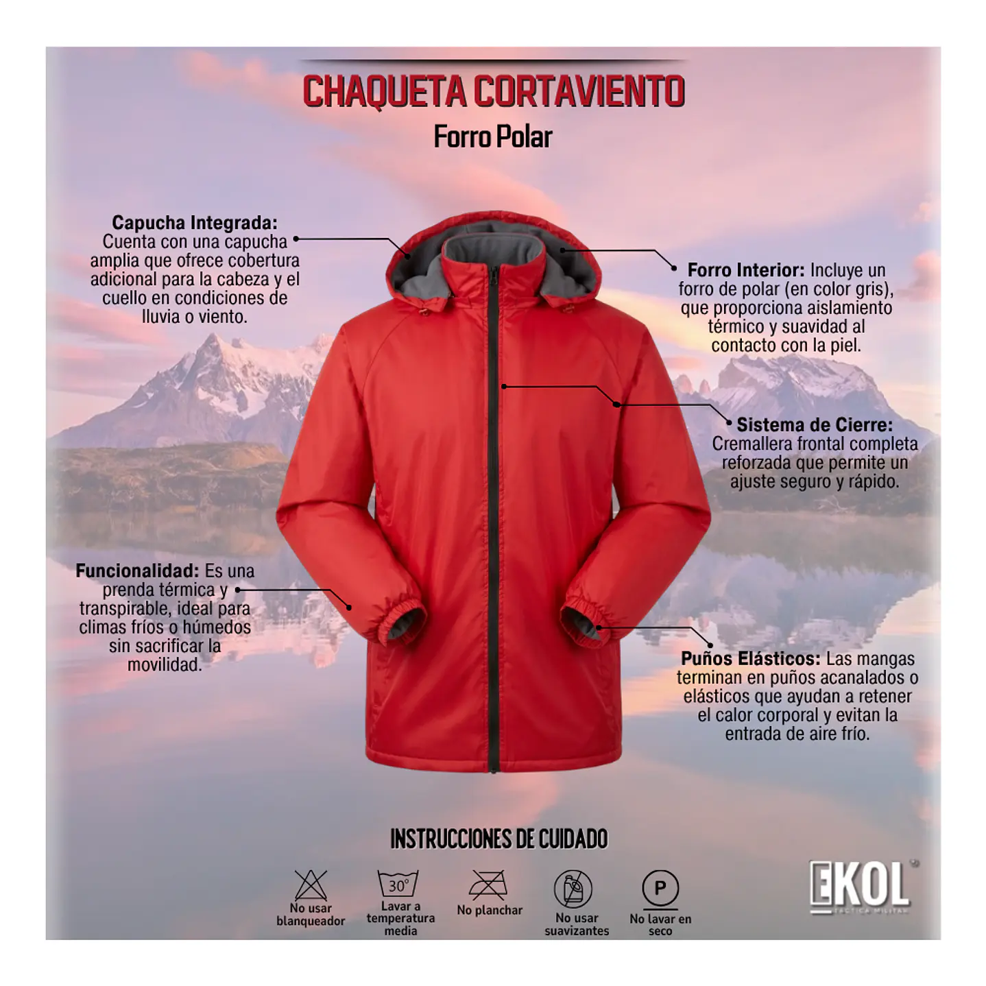 Chaqueta Cortaviento Con Forro De Polar Impermeable Roja Cuello Desmontable 6