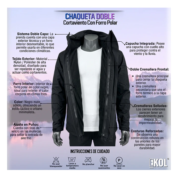 Chaqueta Doble Cortaviento Con Forro Polar Negra Térmica 8