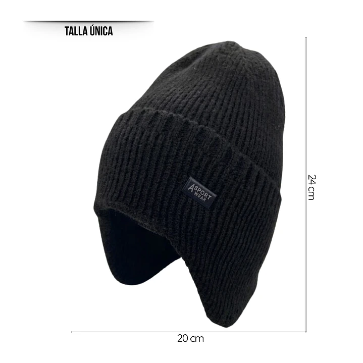 Gorro Beanie De Lana Adulto Con Cubre Orejas Unisex Negro 4