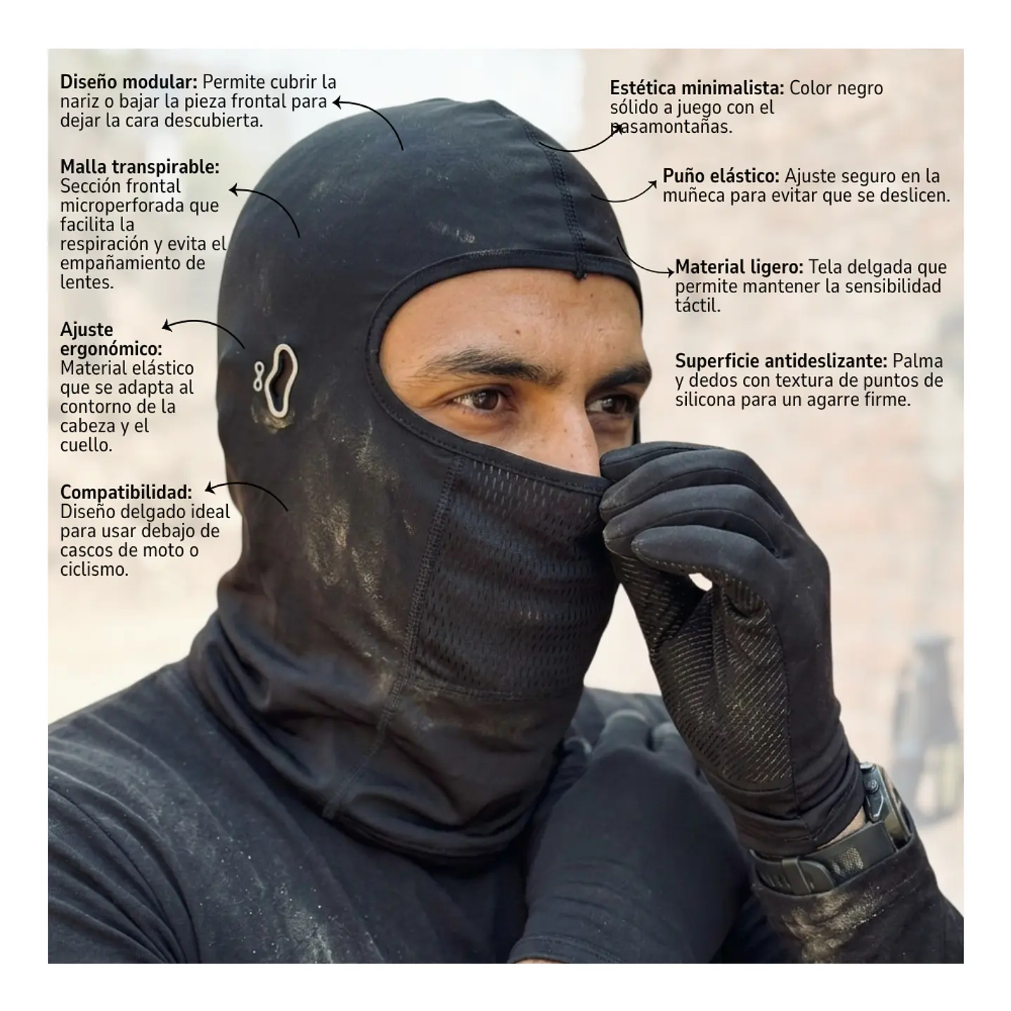 Set Antiviento Moto Balaclava Con Orificio Auricular y Guantes 6