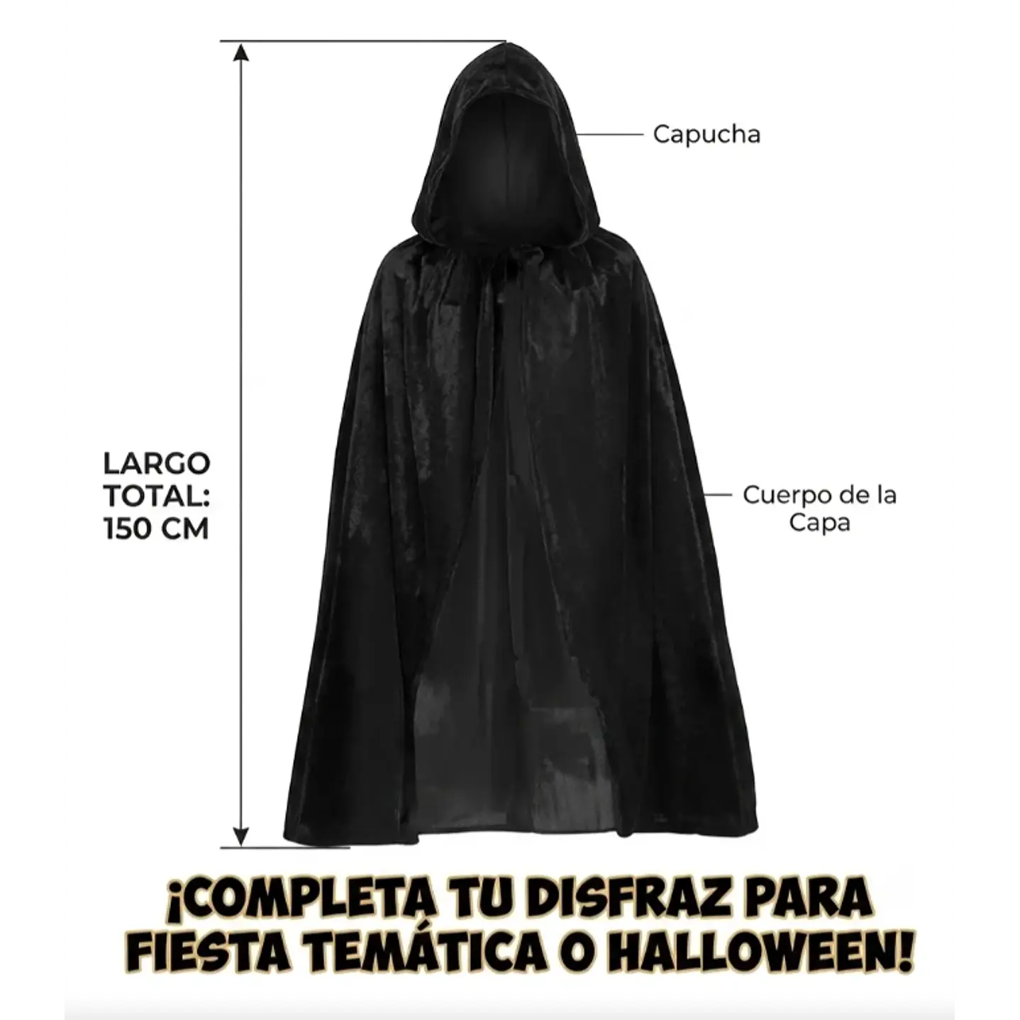 Capa Negra Con Capucha Para Disfraz Adulto 150cms De Tela 2