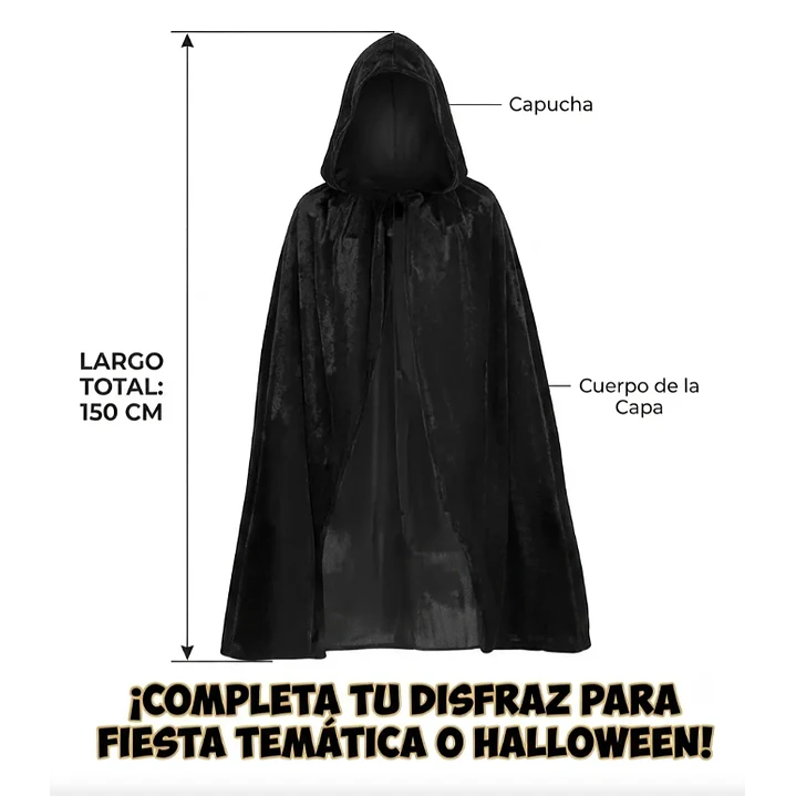 Capa Negra Con Capucha Para Disfraz Adulto 150cms De Tela 2