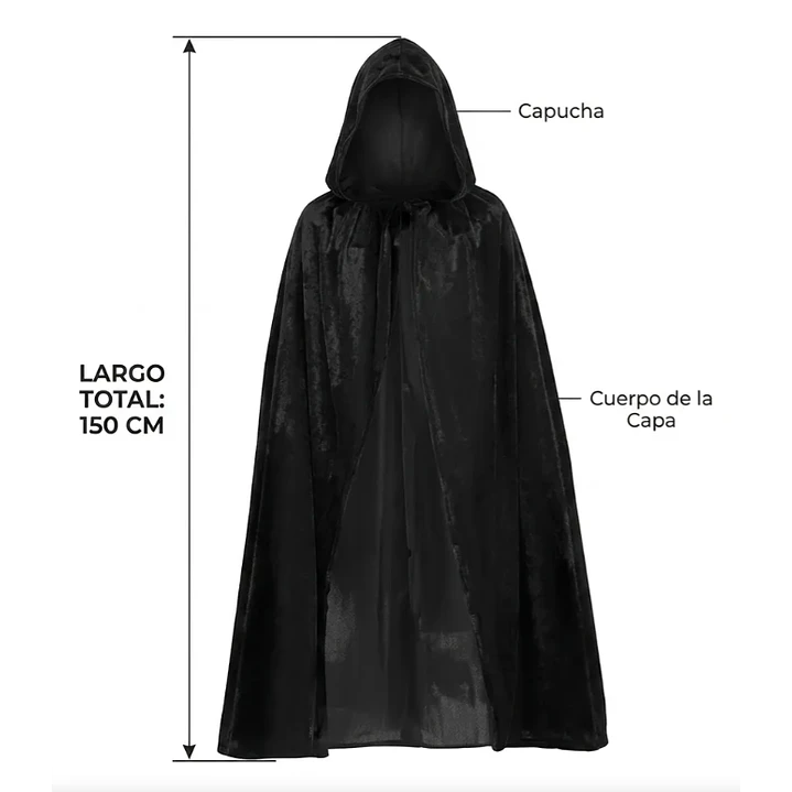 Capa Negra Con Capucha Para Disfraz Adulto 150cms De Tela 3