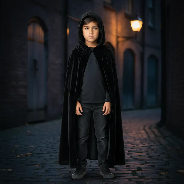 Capa Negra Con Gorro Disfraz Niño Halloween 80cms 3