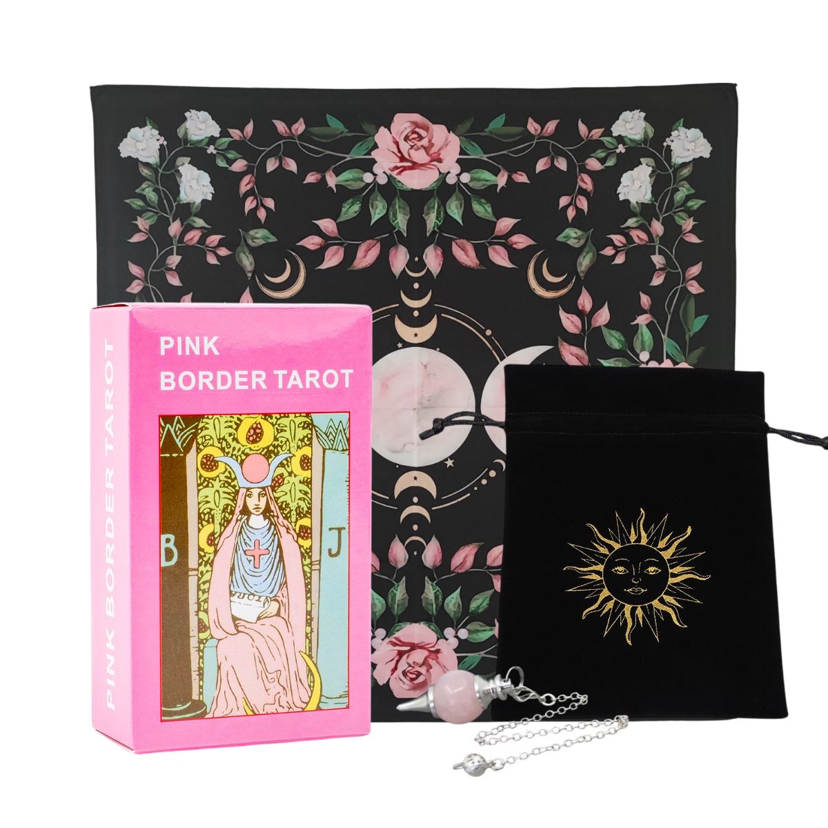 Pack Tarot Borde Rosa (Mantel+Bolsa+Péndulo)