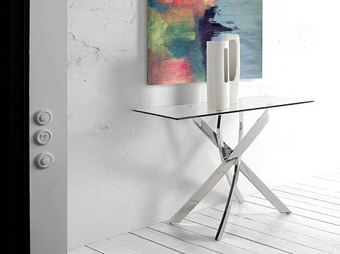 Console with chromed steel base and tempered glass top