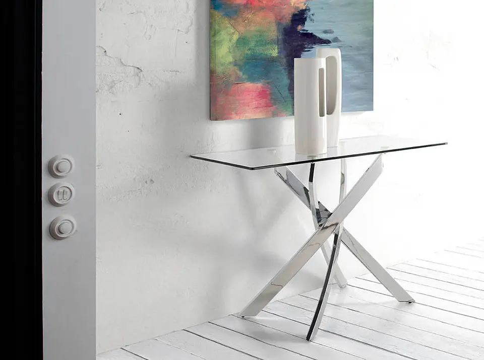 Console with chromed steel base and tempered glass top 2