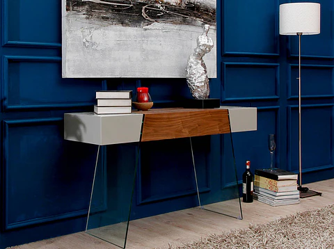 Console with glass, wood veneer and lacquered parts