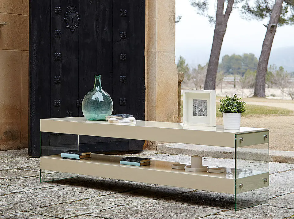 Meuble TV laqué avec côtés en verre 3