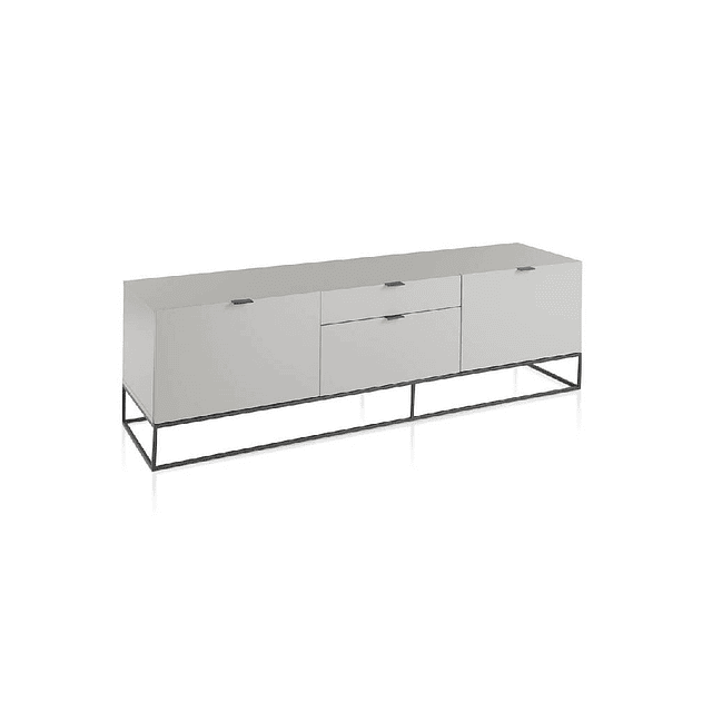 Mueble TV lacado con estructura de acero negro.