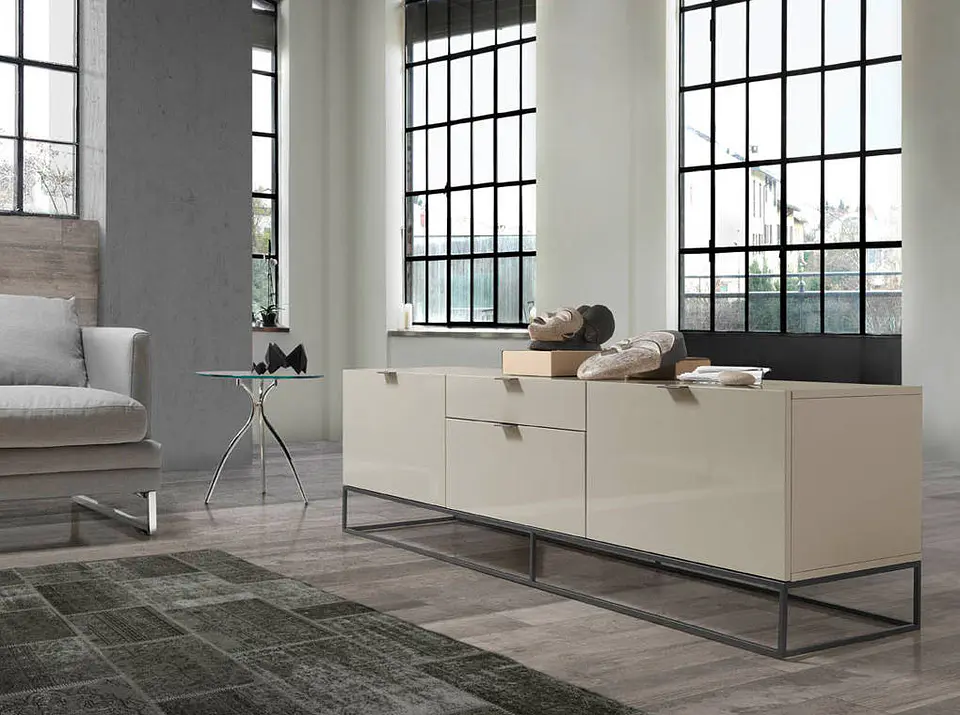 Mueble TV lacado con estructura de acero negro. 3