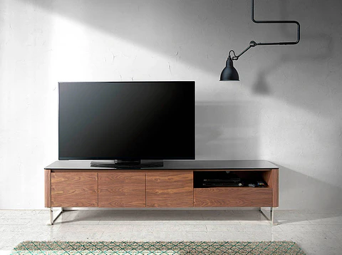 Walnut veneer TV cabinet and glass top