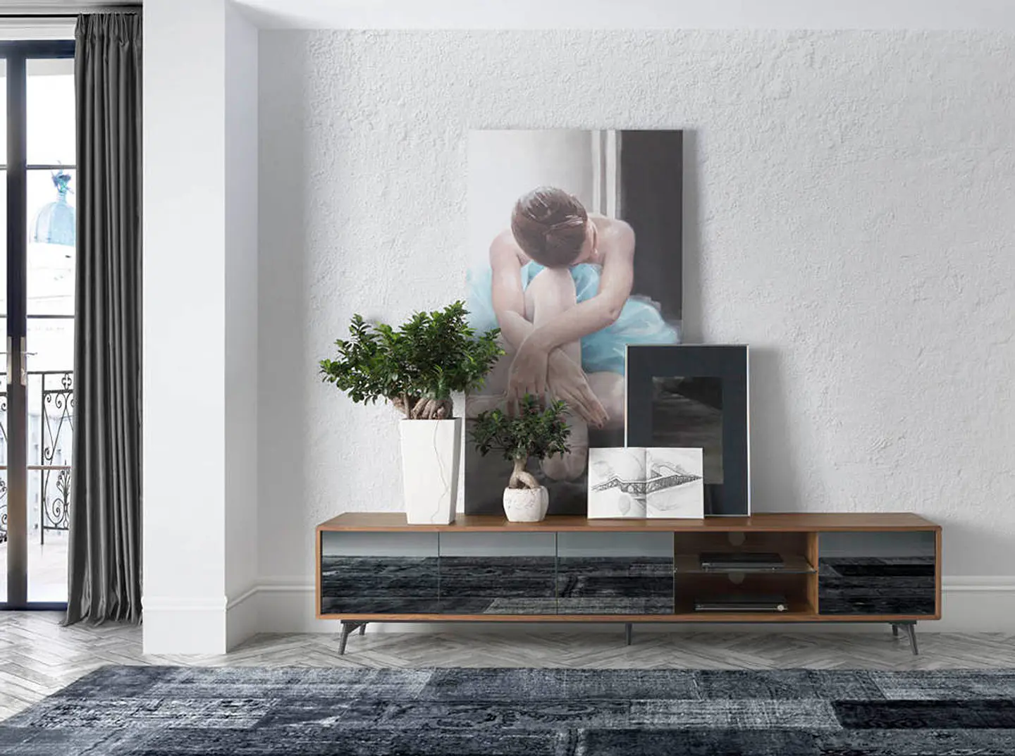 Móvel de TV folheado a madeira de Nogueira e frentes espelhadas 2