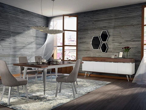 Hessa Collection White Gloss / Walnut Dining Room with Stainless Steel