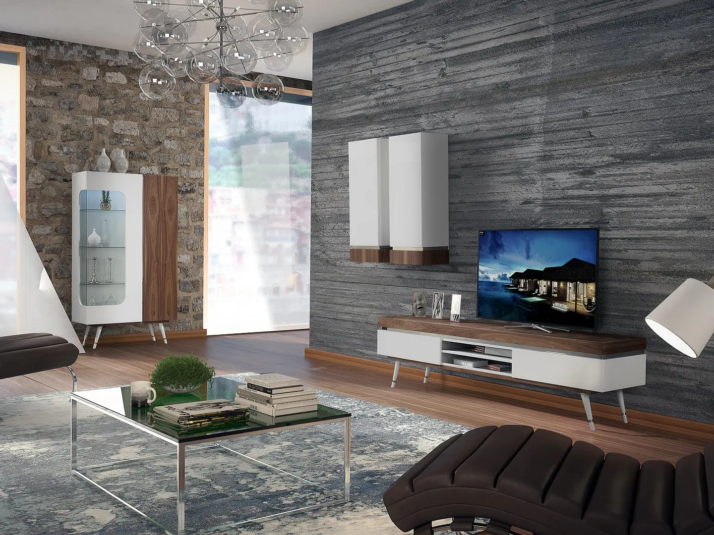 Hessa Collection White Gloss / Walnut Living Room with Stainless Steel 1