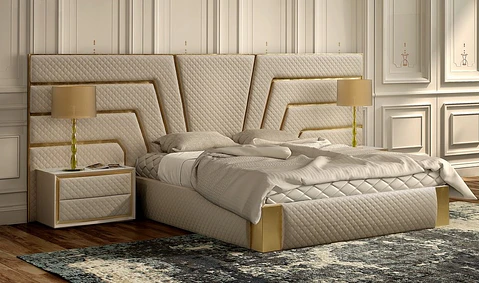 Circe Collection Upholstered Bed Beige / Gold