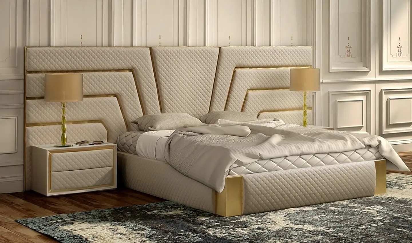 Circe Collection Upholstered Bed Beige / Gold 1