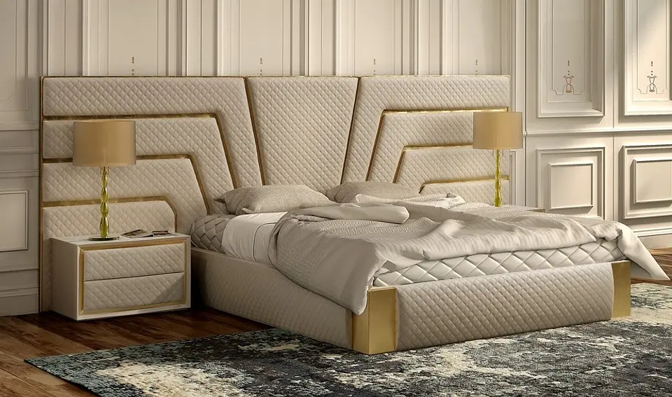 Circe Collection Upholstered Bed Beige / Gold 1