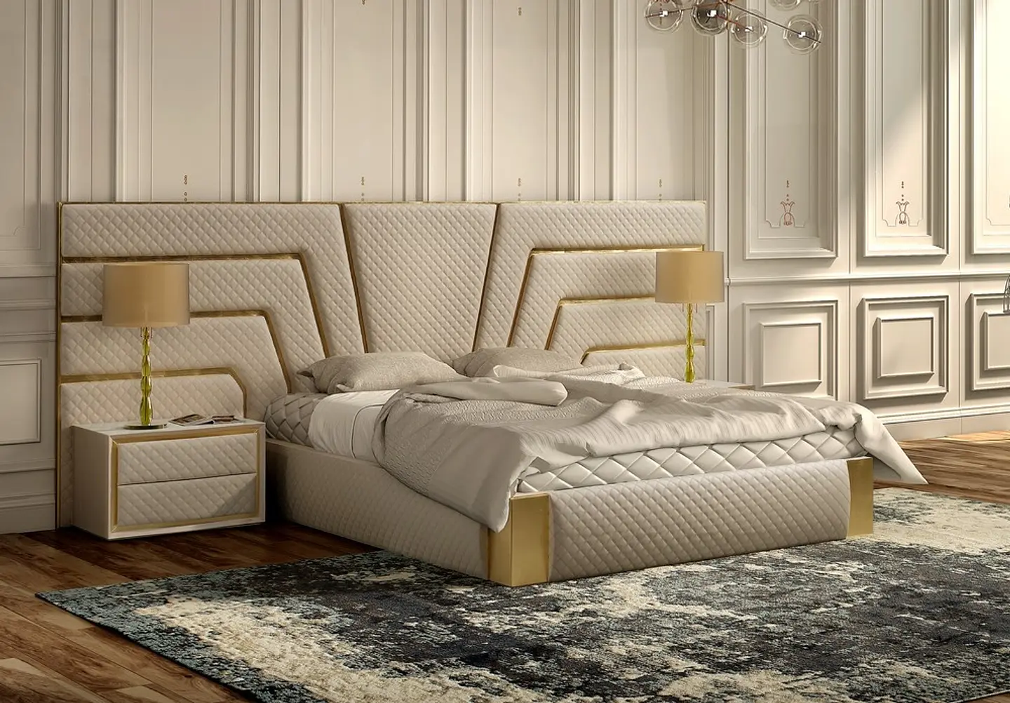 Circe Collection Upholstered Bed Beige / Gold 2