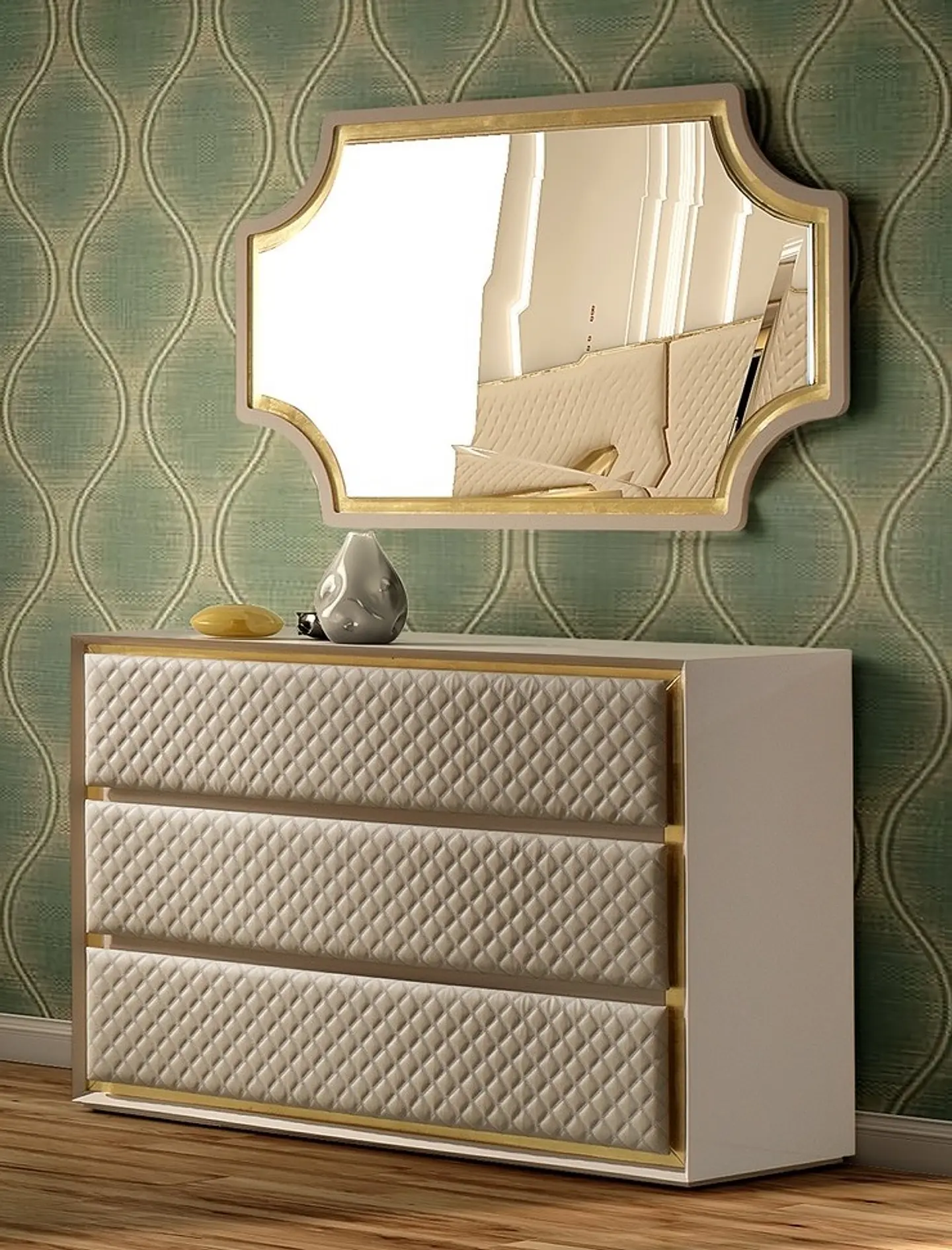 Circe Collection Upholstered Dresser Beige / Gold 1