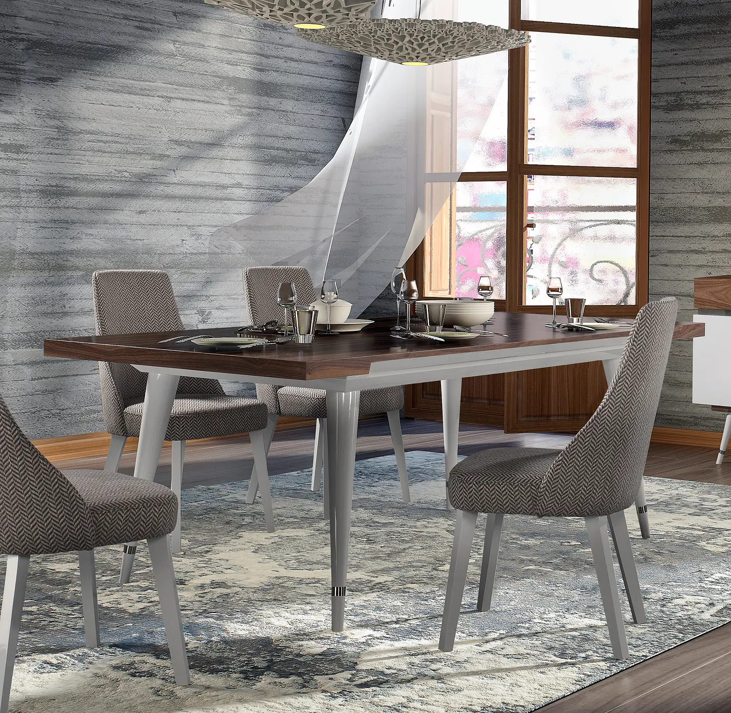 Dining Table Hessa Collection White Gloss / Walnut w / stainless steel 1