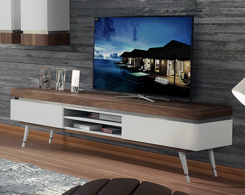 Hessa Collection White Gloss / Walnut TV Cabinet w / stainless steel