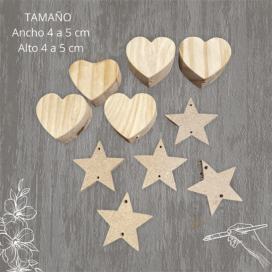 Pack de 5 Corazones en Pino y 5 Estrellas en MDF - Para Pintar