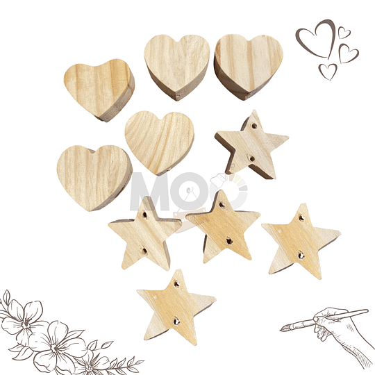 Pack de 5 Corazones y 5 Estrellas en pino - Para Pintar