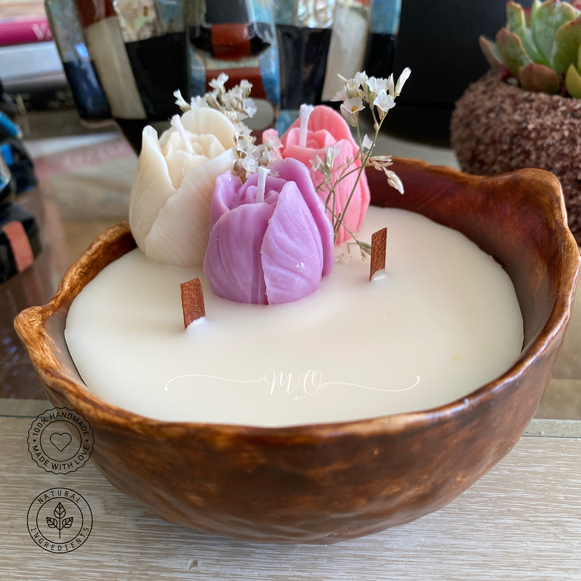 Vela Floral Artesanal en Cuenco Natural 3