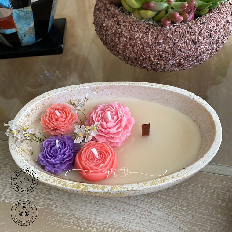 Vela artesanal, Floral en cuenco alargado 1